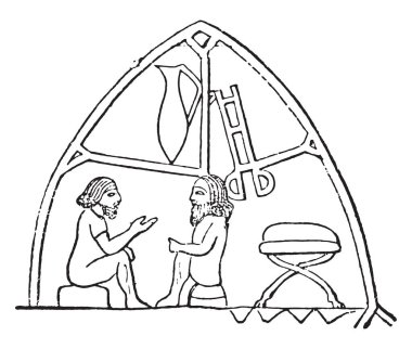 Chat yapan erkekler, vintage illüstrasyon kazınmış. Antik antika aile-1881, özel hayatı