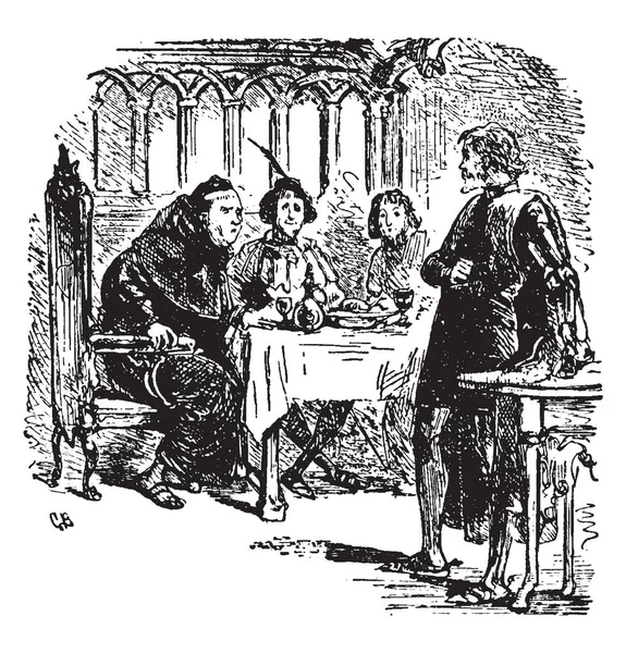 Tři Muži Sedící Jídelní Stůl Jídlem Potravinové Talíře Sklenice Stůl — Stockový vektor