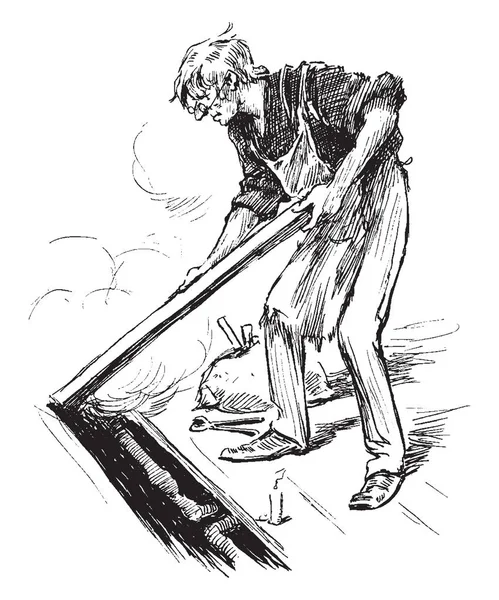 Nibblekin'ın yuvası, bu resmi bir şey sopa, vintage çizgi çizme veya oyma illüstrasyon ile zeminde yapan bir erkek gösterir.