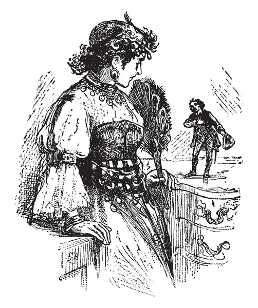 Gulliver with Giant Maid, this scene shows a man being gentleman towards Giant maid, giant maid holding feather duster in one hand, vintage line drawing or engraving illustration