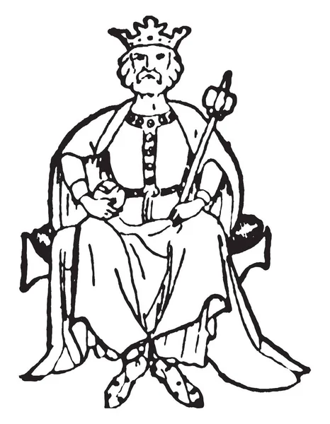 国王与皇冠坐在宝座上 持有权杖 复古线条画或雕刻插图 — 图库矢量图片
