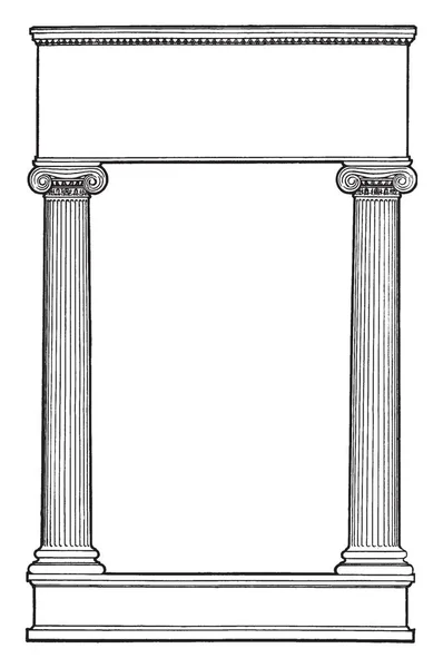 离子柱有两个柱左 右侧在这个模式 复古线画或雕刻插图 — 图库矢量图片
