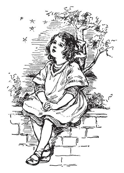Ένα Μικρό Κορίτσι Κοιτάζοντας Αστέρια Δέντρο Στο Φόντο Εκλεκτής Ποιότητας — Διανυσματικό Αρχείο