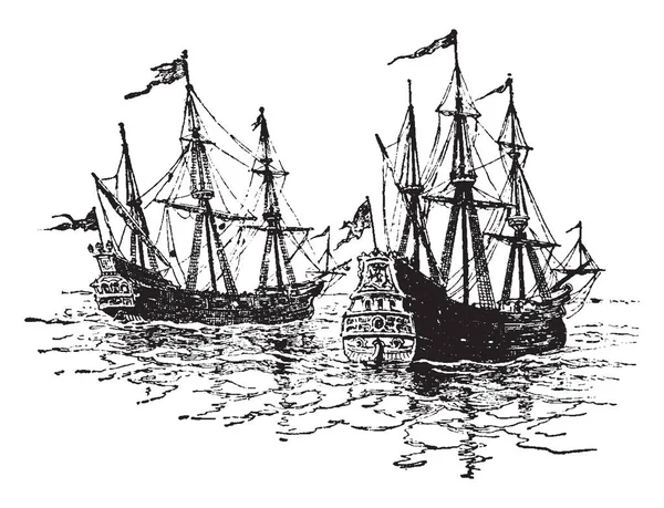 Αυτή Εικόνα Αντιπροσωπεύει Ισπανικά Πλοία Vintage Γραμμή Σχεδίασης Εικόνα Χαρακτική — Διανυσματικό Αρχείο
