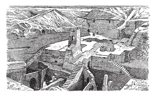 Excavations Nippur Waar Stad Een Imposante Tempel Vintage Lijntekening Gravure — Stockvector