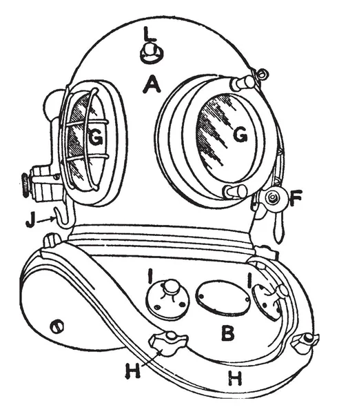 潜水头盔的正面视图 使潜水员可以通过水下 复古线画或雕刻插图清楚地看到 — 图库矢量图片