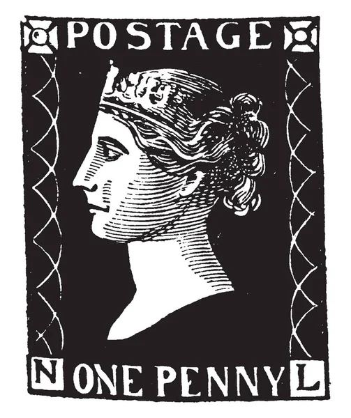 第一胶粘剂便士邮票使用了没有变动从1840到 1870年 复古线图画或雕刻例证 — 图库矢量图片