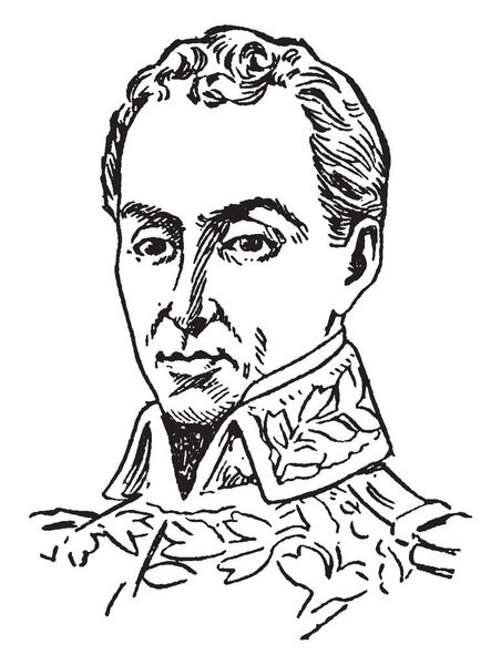 Симон Боливар, 1783 - 1830, был военным и политическим лидером, который играл ведущую роль в создании Венесуэлы, Боливии, Колумбии, Эквадора, Перу и Панамы, рисование винтажных линий или гравировка иллюстрации
