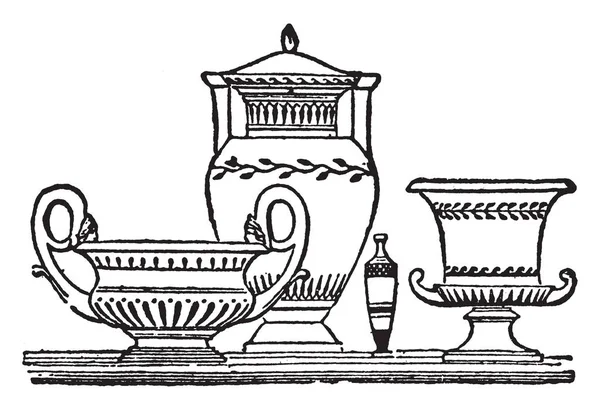 希腊花瓶是各种形式和材料的容器 它已经支付了一个花瓶在纽约拍卖 复古线条画或雕刻 — 图库矢量图片