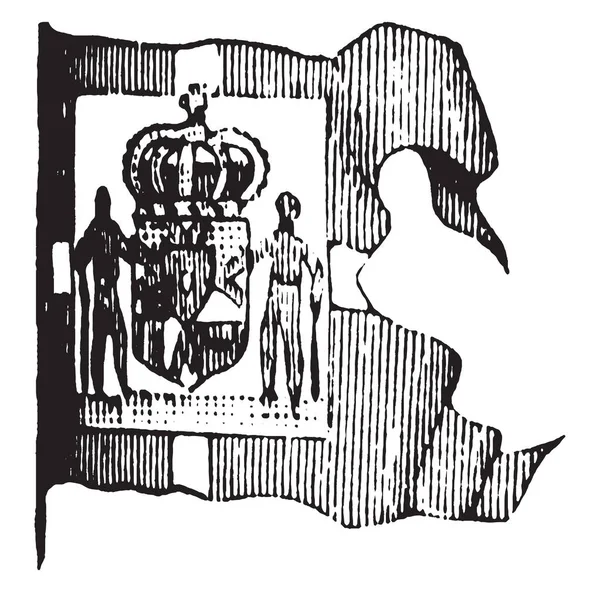 デンマーク 1881 旗を振ってこのスワロー テールの旗が 人支援シールドとシールド ビンテージの線画のクラウンやイラストを彫刻と垂直の四角形を持つ — ストックベクタ
