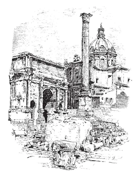Severus Sütun Phokas Roma Talyan Binalar Anıtlar Vintage Çizgi Çizme — Stok Vektör
