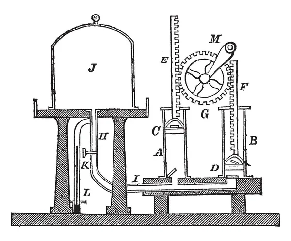 Luftpump Med Dubbel Fat Vintage Linje Ritning Eller Gravyr Illustration — Stock vektor