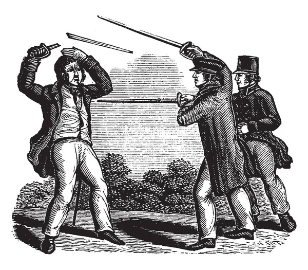 Trois Hommes Battant Avec Des Épées Dessin Ligne Vintage Illustration — Image vectorielle
