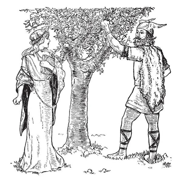 Loki God Mischief Trying Convince Idun Crabapple Tree Fruit Better — Stockvector