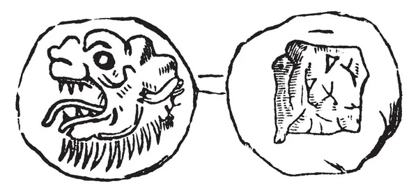 ミレトスのコインはミレトス ビンテージの線描画や彫刻イラストの後の貨幣鋳造につづくシンボルです — ストックベクタ