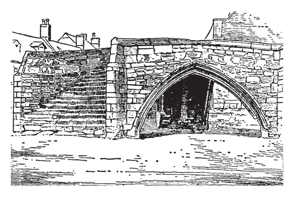 克罗兰大桥是一座独特的三路石拱桥 矗立在克罗兰的中心 复古线条绘画或雕刻插图 — 图库矢量图片