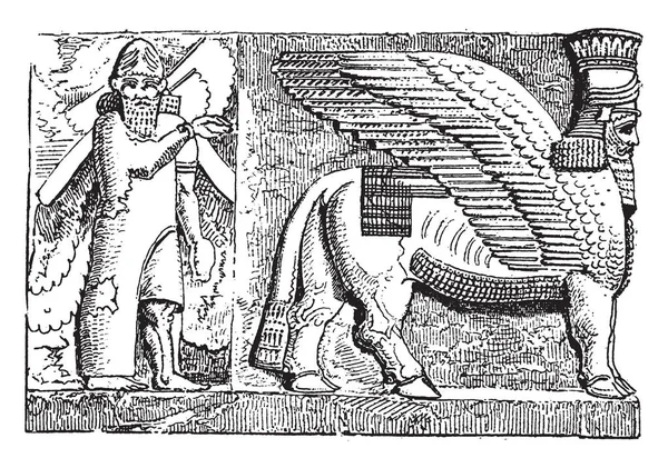 Assyrische Wandreliefs Mit Vier Jägern Vintage Linienzeichnung Oder Gravierillustration — Stockvektor