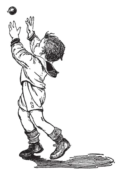 Ein Kleiner Junge Spielt Mit Einem Kleinen Ball Vintage Linienzeichnung — Stockvektor