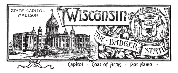 State Banner Wisconsin Badger State Banner Has State House Left — 图库矢量图片