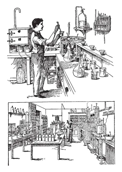 Диаграмма Представляет Химическую Лабораторию Рисунок Винтажных Линий Гравировку — стоковый вектор