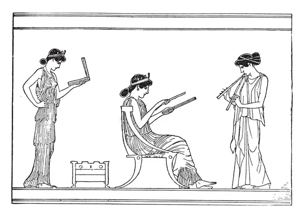Mulheres Gregas Vaso Após Queima Vintage Gravada Ilustração —  Vetores de Stock