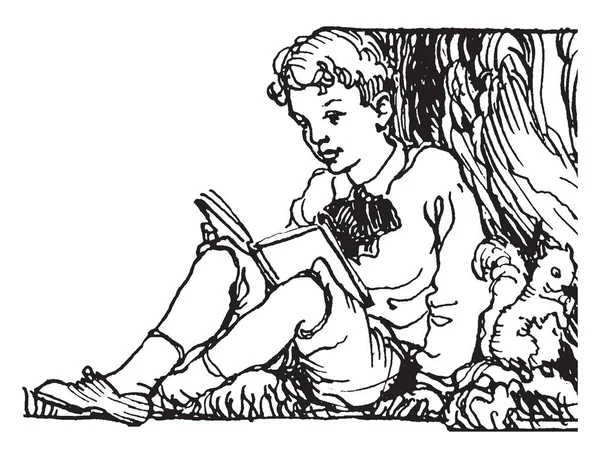 Boy Reading Tree Bonito Verano Día Exterior Dibujo Línea Vintage — Vector de stock