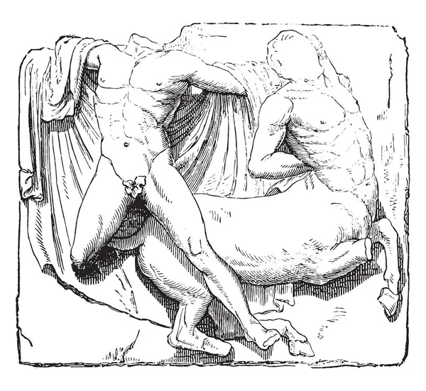 テセウスとミノタウロス パルテノン神殿のメトープ ヴィンテージには図が刻まれています 産業百科事典 1875 — ストックベクタ