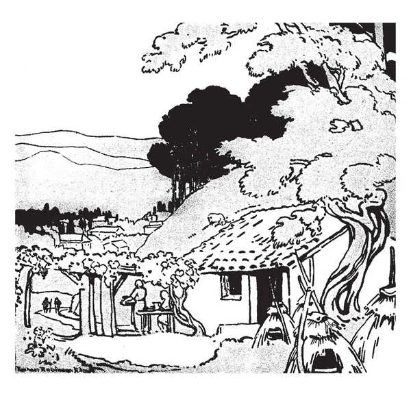 这个场景显示房子和两个人在房子外面 两个人离开房子 树和房子的背景 复古线条画或雕刻插图 — 图库矢量图片