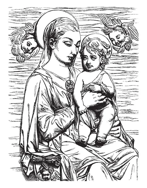 子供を持っている女の人がある これは偉大な芸術家 ドナテッロの彫刻のように見えます それはヴィンテージの線画 フィレンツェの教会の祭壇の上にぶら下がって またはイラストを彫刻レリーフです — ストックベクタ