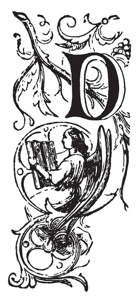Декоративная Заглавная Буква Ангелом Читающим Книгу Рисунок Винтажной Линии Гравировку — стоковый вектор