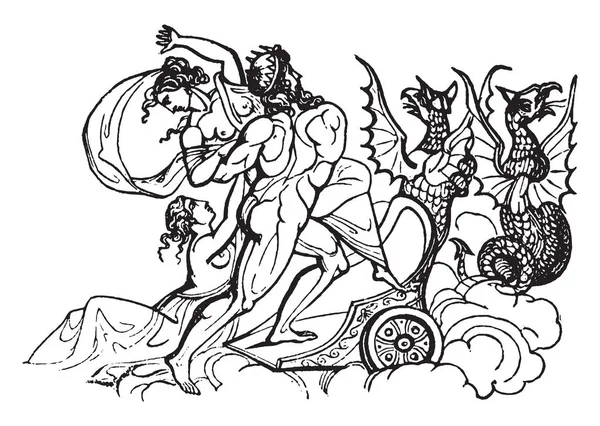 一幅古代冥王星绑架 Proserpina 的照片 冥王星也被称为阴间是罗马的地狱之神和死者的法官 复古线条画或雕刻插图 — 图库矢量图片