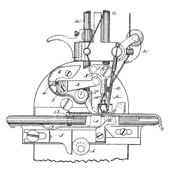 缝纫机是一种使用缝纫线在织物或其他材料中进行简单缝合的机器 复古线条画或雕刻插图 — 图库矢量图片