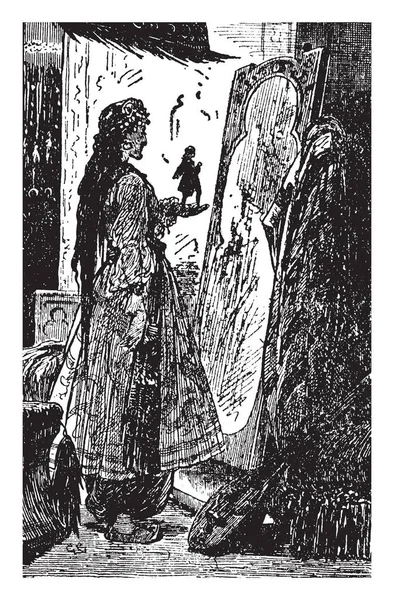 皇后在镜子里看 这个场景显示女王抱着小男人在她的手里 看着镜子 复古线条画或雕刻插图 — 图库矢量图片