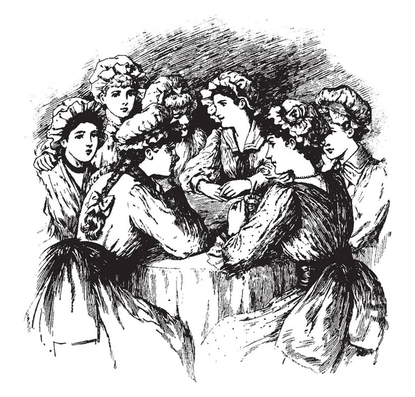 Хлопчик Місто Сцена Показує Група Дівчат Пліткують Сидять Навколо Таблиці — стоковий вектор