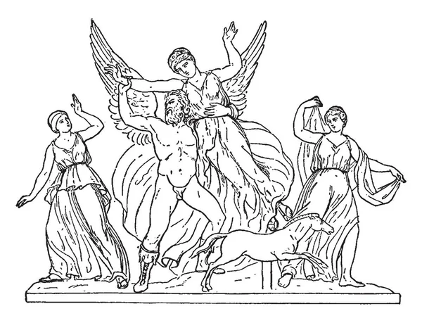 さボリアスは翼を開き Orithyia を彼の肩にしがみついては楽しんで踊り ビンテージの線の描画やイラストを彫刻 — ストックベクタ