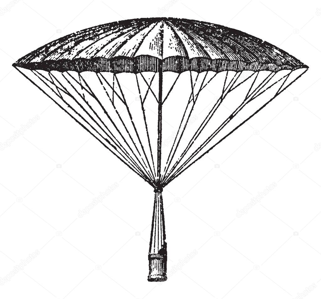 Garnerin Parachute Decending with the help of a parachute, vintage line drawing or engraving illustration.