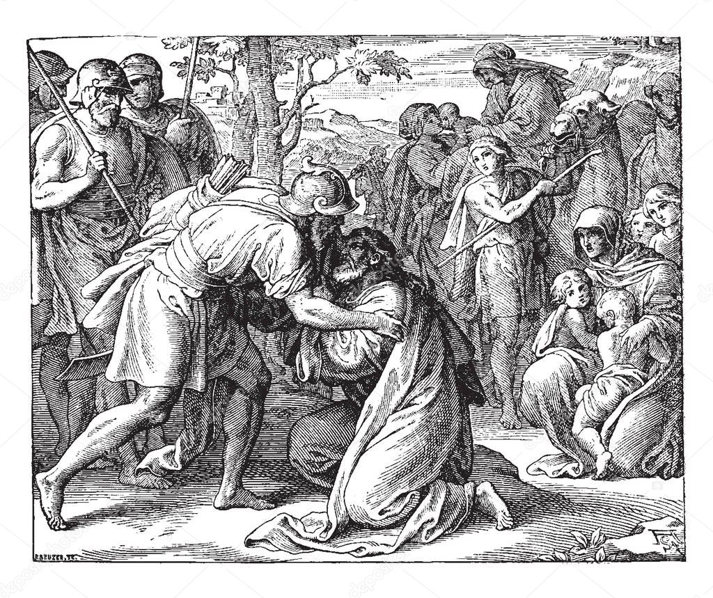 The Meeting of Jacob and Esau, this scene shows a man sitting on knees and another man coming closer to meet him,  people with kids and spears, camels in background, vintage line drawing or engraving illustration