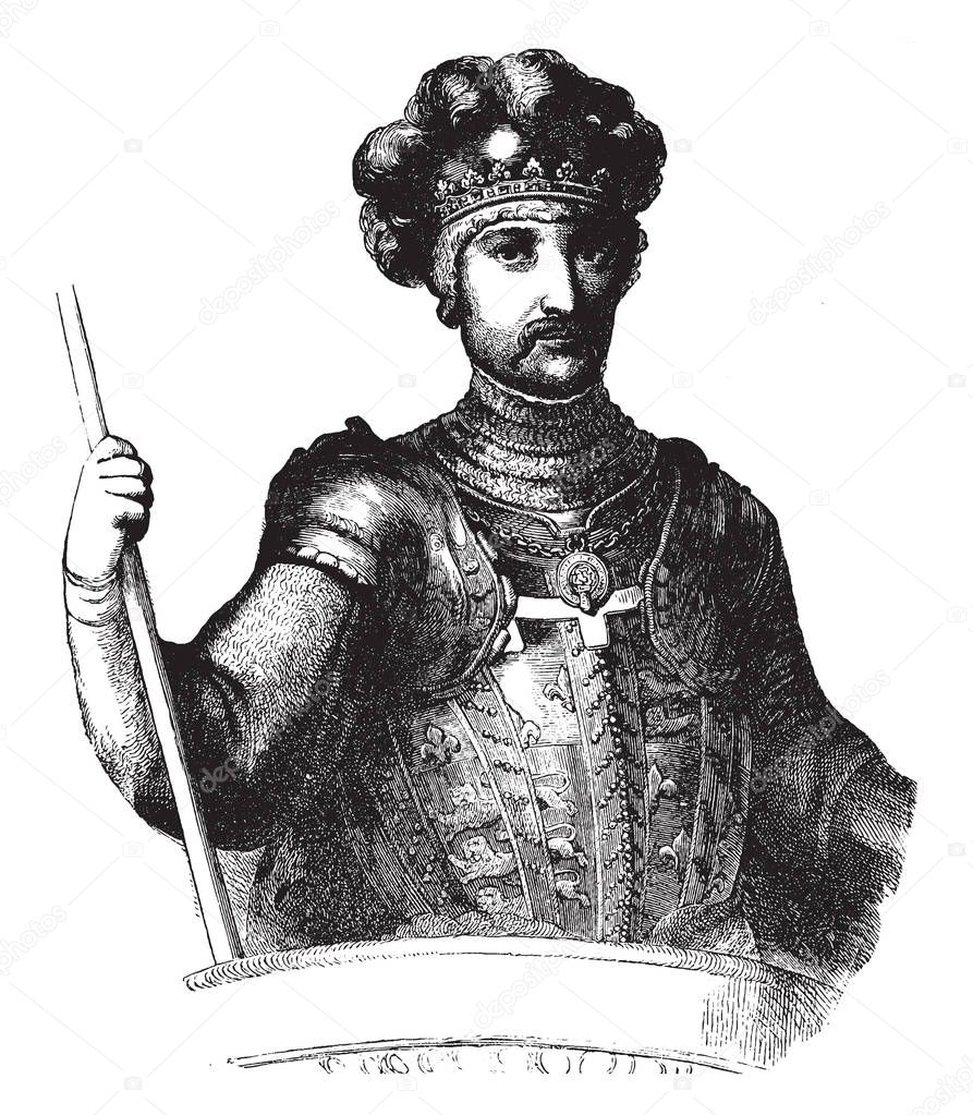 Edward the Black Prince, 1330-1376, he was the first Duke of Cornwall, the Prince of Wales and the Prince of Aquitaine, vintage line drawing or engraving illustration