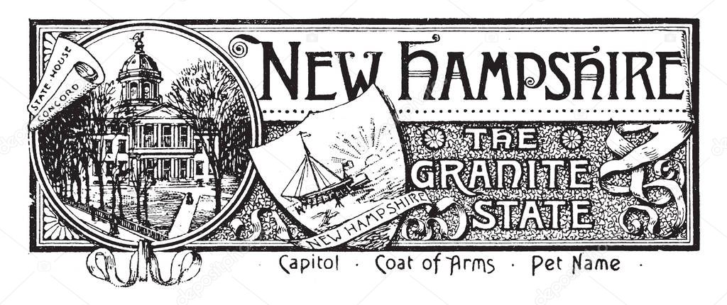 The state banner of New Hampshire, the granite state, this seal has state house in circle, in middle shield with sun rays and sailing ship, vintage line drawing or engraving illustration 