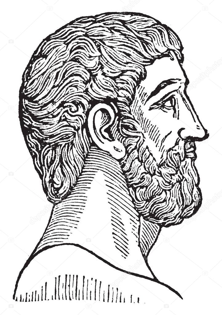 Plato, he was a philosopher in classical Greece and the founder of the academy in Athens, vintage line drawing or engraving illustration