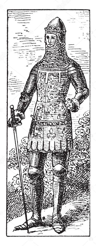 Edward the Black Prince in full armour dress, 1330-1376; he was the first duke of Cornwall, the prince of Wales and the prince of Aquitaine, vintage line drawing or engraving illustration