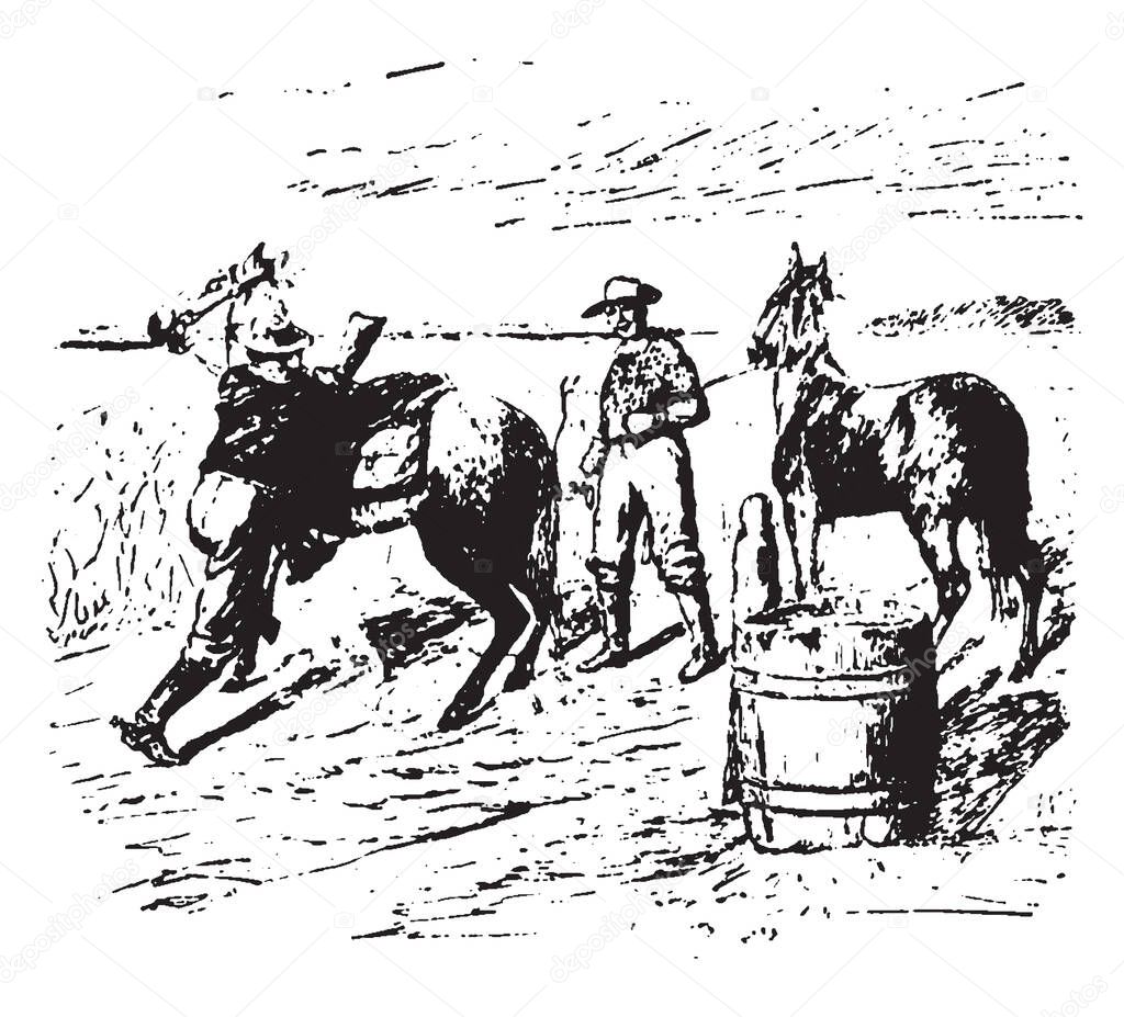 The Pony Express was a mail service delivering messages, newspapers, and mail, vintage line drawing or engraving illustration.
