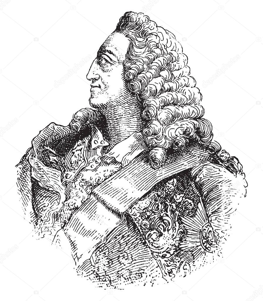 George II, King of England, 1683-1760, he was the king of Great Britain and Ireland, Duke of Hanover and Prince-elector of the Holy Roman Empire from 1727 to 1760, vintage line drawing or engraving illustration