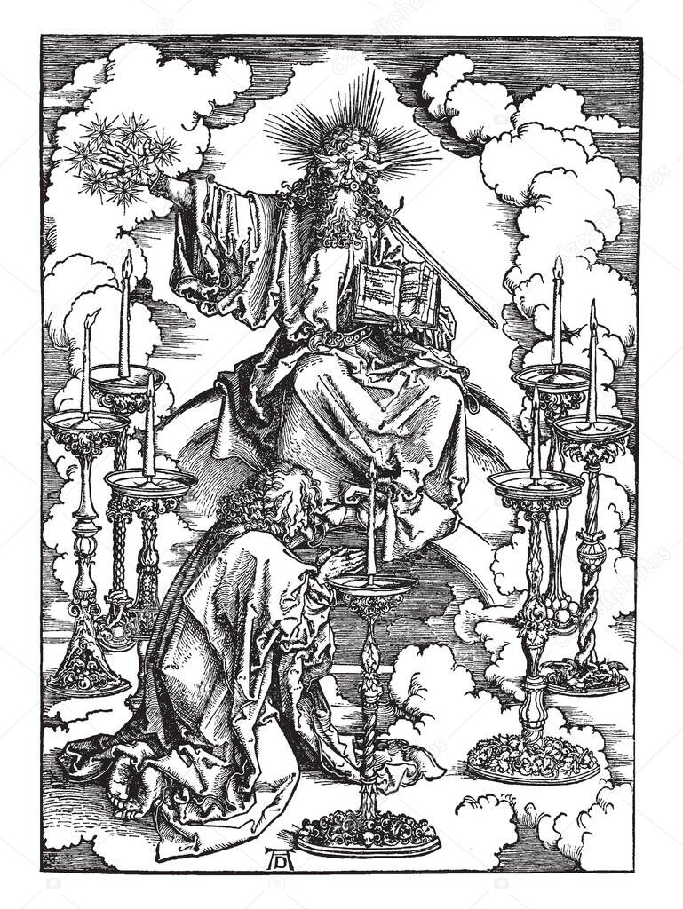 Almighty is from the Bible, Book of Revelation, vintage line drawing or engraving illustration.