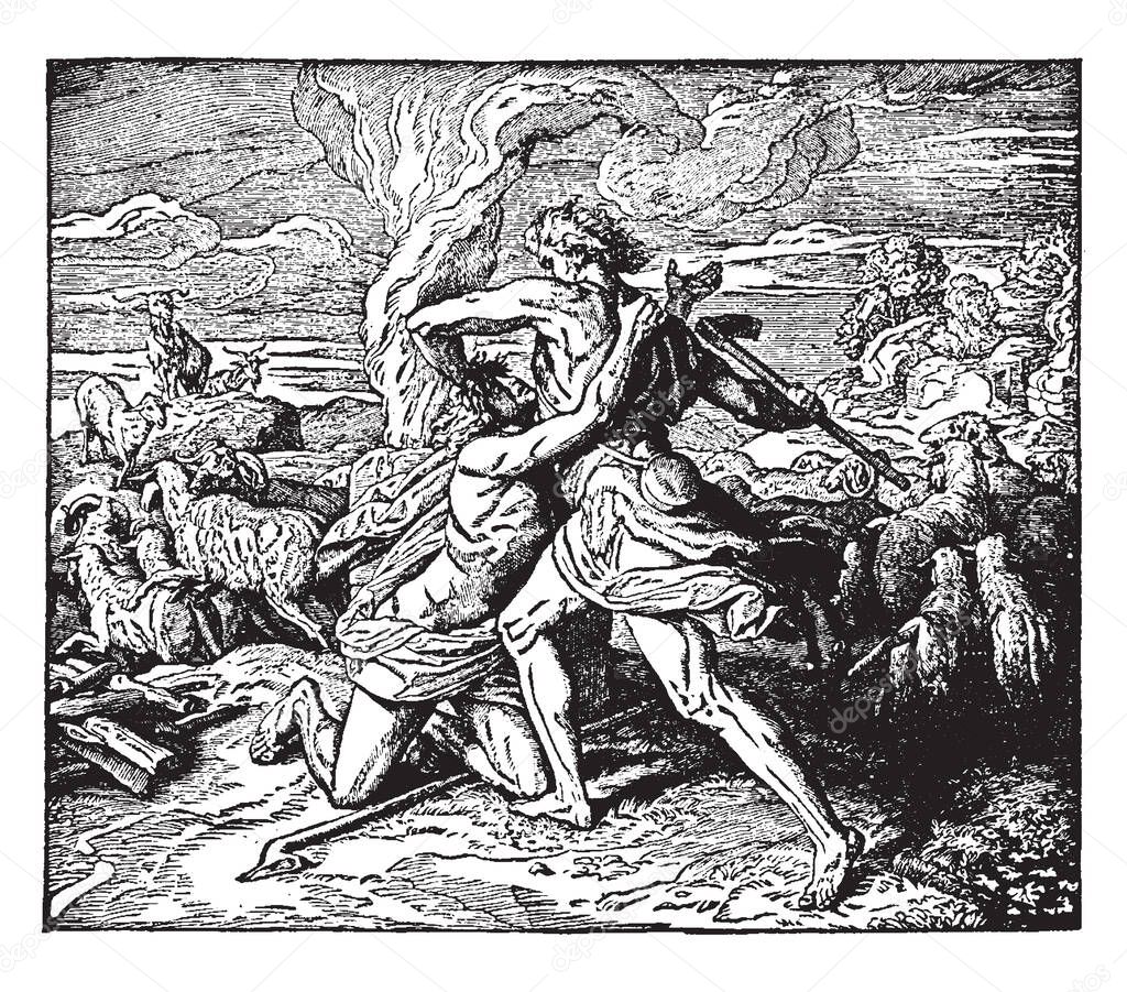 The Death of Abel, this scene shows two men are fighting on ground, one man has axe in one hand, some animals are looking at them, vintage line drawing or engraving illustration 