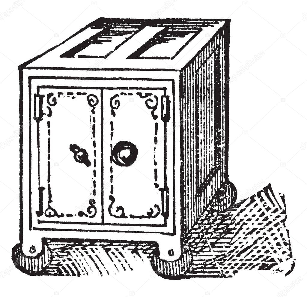 This illustration represents Safe for containing money valuable papers, vintage line drawing or engraving illustration.