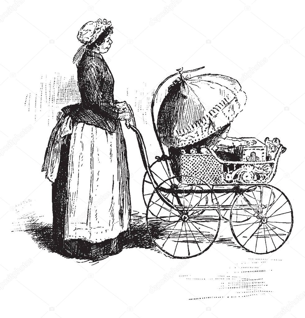 This image represents Nanny and Baby in a carriage, vintage line drawing or engraving illustration.