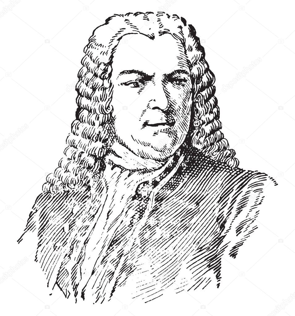 Johann Sebastian Bach, 1685-1750, he was a German composer and musician, famous for instrumental compositions and vocal music, vintage line drawing or engraving illustration