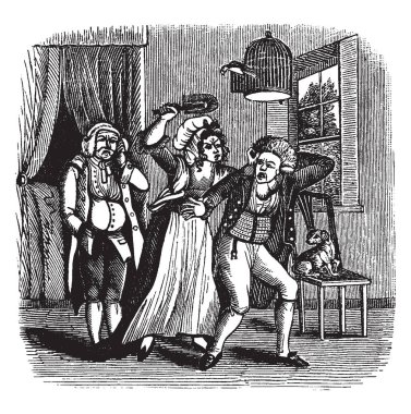 Adam, onları, vintage çizim duran veya illüstrasyon oyma başka bir adam ile mücadele bir kadın