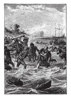 Denizde savaşan insanların klasik tasviri.